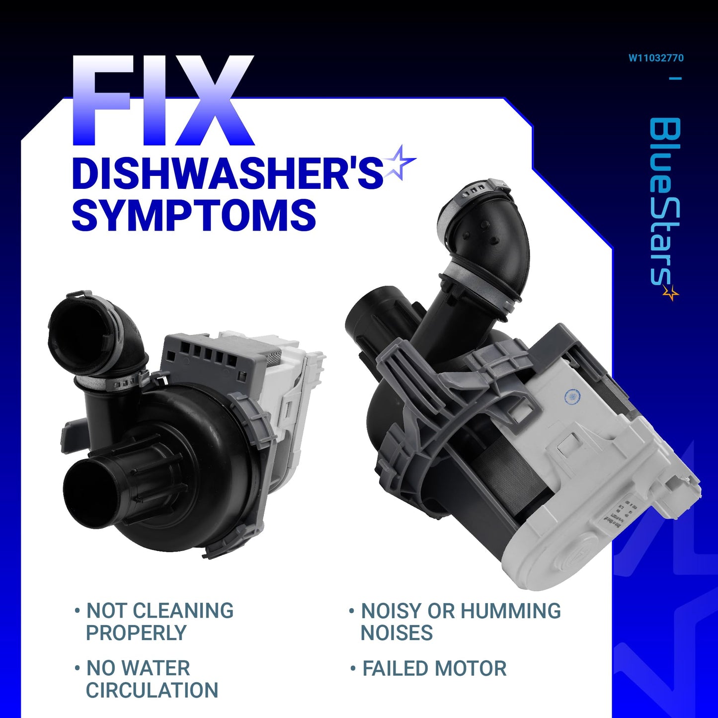 BlueStars W11032770 Dishwasher Circulation Pump Motor Assembly - Compatible with Whirlpool Kenmore KitchenAid Dishwashers - Replace WPW10529163 W10529163 W10885542 W10864037 W10816492