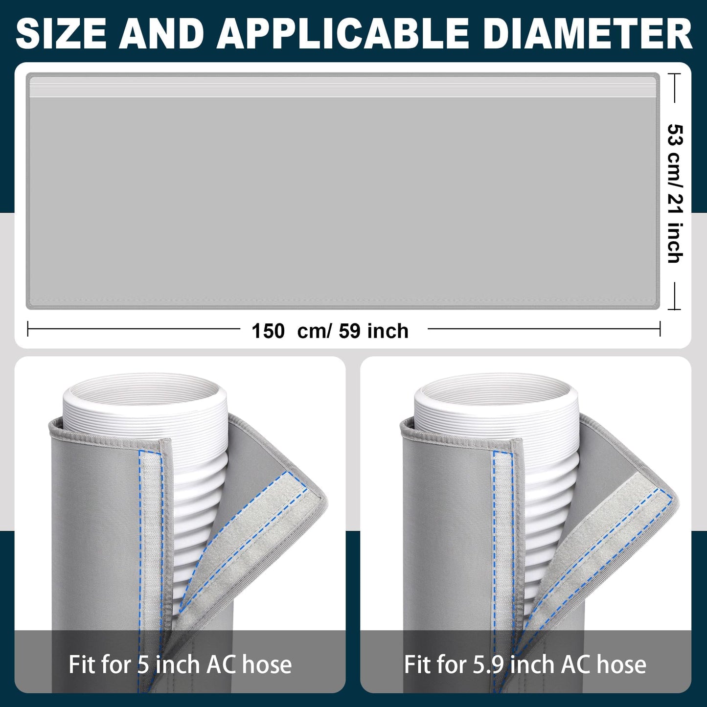 Air Conditioner Hose Cover Wrap, Portable AC Hose Insulation Sleeve Fits for 5" & 5.9" Diameter Exhaust Hose, Insulated Hoses Duct Vent Cover with 3 Adjustable Straps, 59" L x 21" W, 2 Pack