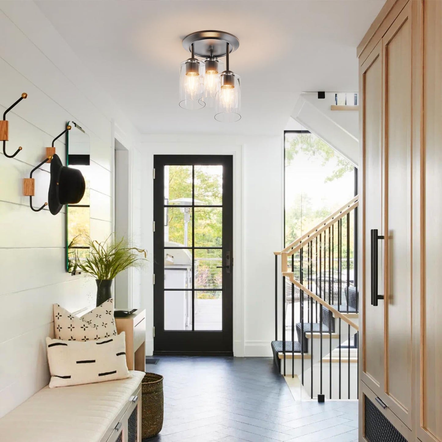 Kalium 3-Lights Semi Flush Mount Ceiling Light Fixture, Matte Black Light Fixtures, Ceiling Light for Kitchen, Foyer, Entryway, Farmhouse, Home Decor, Clear Glass Shade.