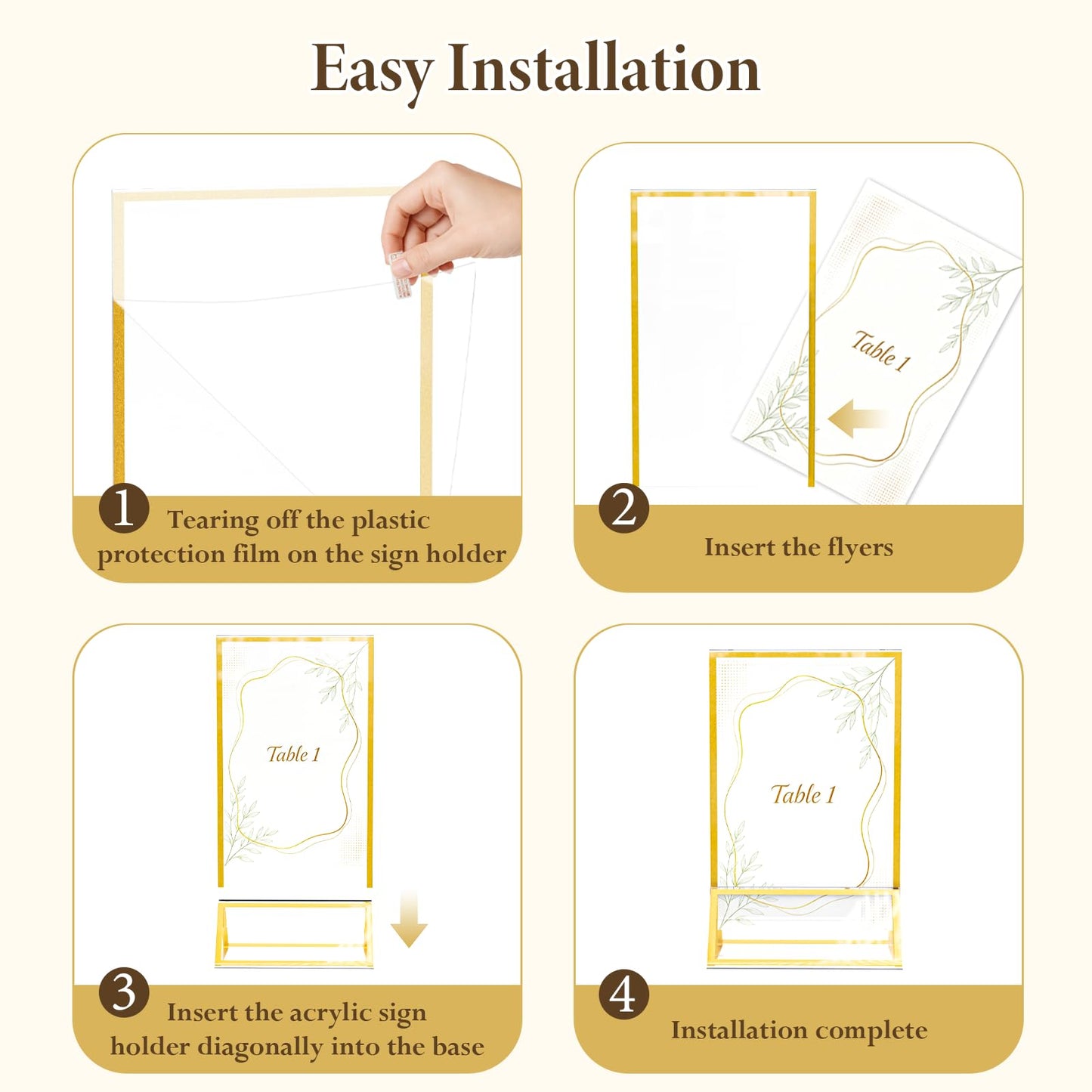OUKMIC 5"x7" Acrylic Sign Holder with Gold Frame, Double Sided Vertical Display Stand, Clear Tabletop Sign Holders, Menu Flyer Picture Paper Table Numbers Stand for Wedding, Party, Restaurant-12 Pack
