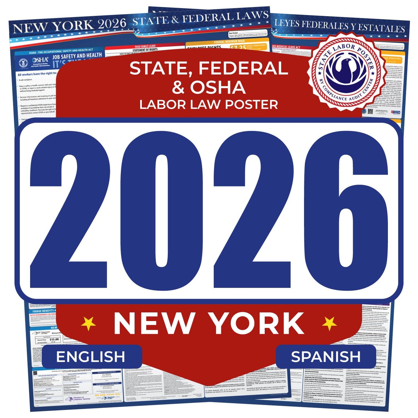 2026 New York State and Federal Labor Law Poster - English Spanish Combo - OSHA Workplace Compliant - Mandatory Regulations Posting for Employees - Required Compliance Posting 17" x 40" Laminated (English Spanish Combo)