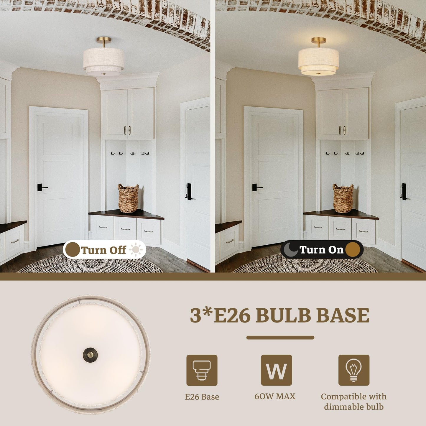 Semi Flush Mount Ceiling Light Fixture,12.6'' Gold Light Fixtures Ceiling Mount, Modern Close to Ceiling Light with 2-Layer Linen Shade,Farmhouse Drum Ceiling Light for Bedroom Hallway Living Room