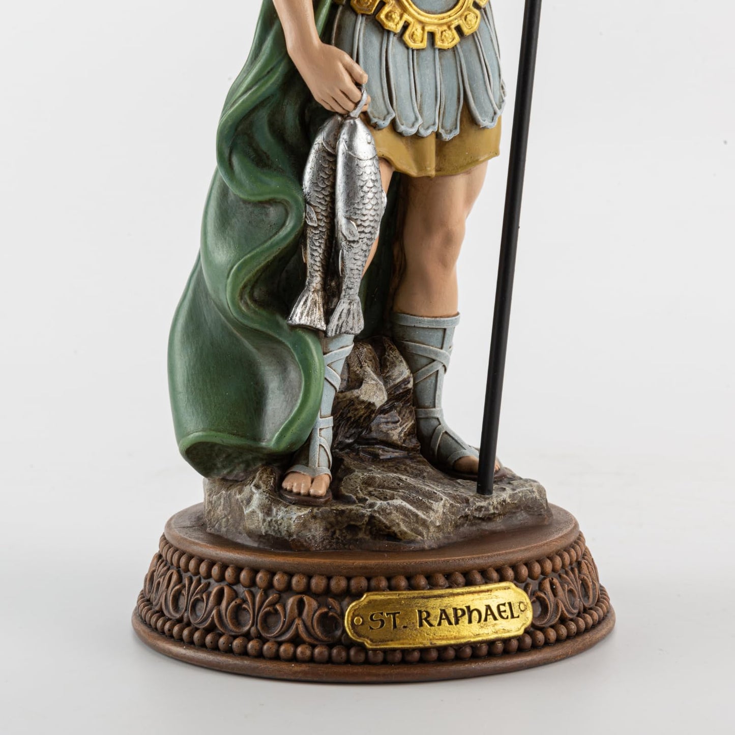 DevotedWalls 10.2"H Saint Raphael Statue Painted in Full Color, Angel St. Raphael with Name Plate on Base,Travel Protection Patron Archangel Saint St. Rafael, Estatua del Arcángel San Rafael Figurine