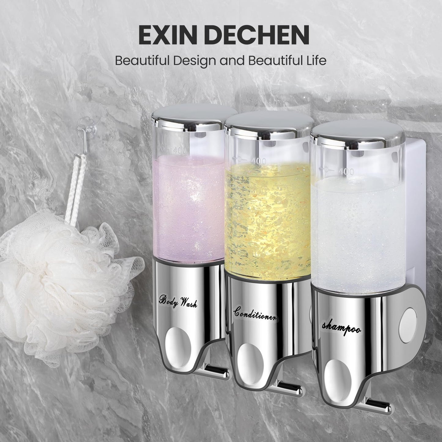 Shampoo and Conditioner Dispenser,Dispensers for The Shower,Shower Soap Dispenser 3 Chamber No Drill,Shampoo Conditioner Body Wash Dispenser Wall Mount for Bathroom(Triple x 17.6 oz,Clear)