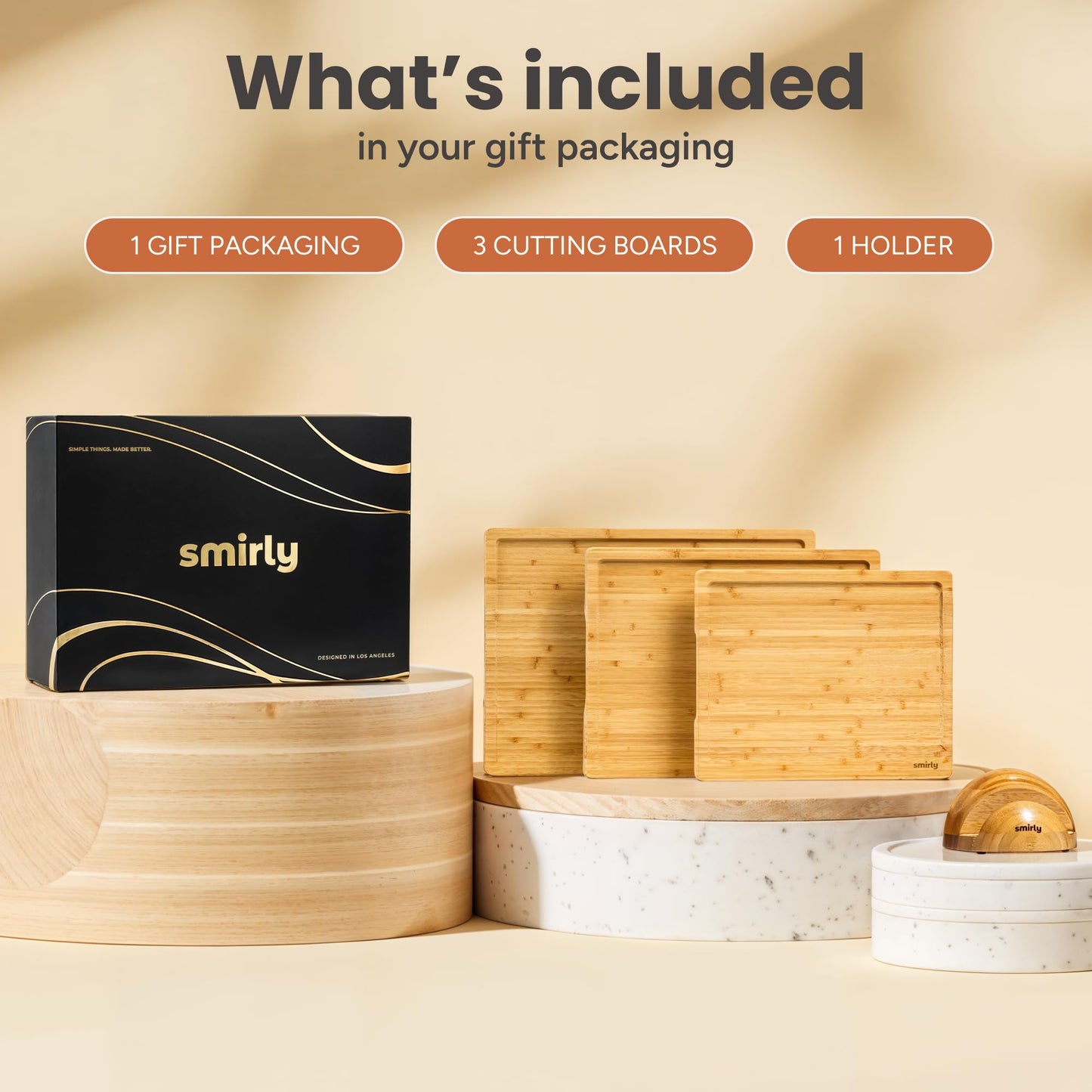SMIRLY Bamboo Cutting Boards for Kitchen - Wood Cutting Board for Meal Prep, Serving, Charcuterie - Kitchen Gadgets, House Warming Gifts - Wooden Chopping Board Set of 3 with Holder - Natural Bamboo