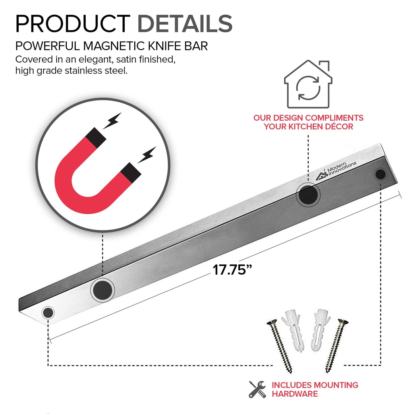 Modern Innovations 18 Inch Stainless Steel Magnetic Knife Bar - Use as Knife Holder, Rack, Strip, Kitchen Utensil and Tool Holder