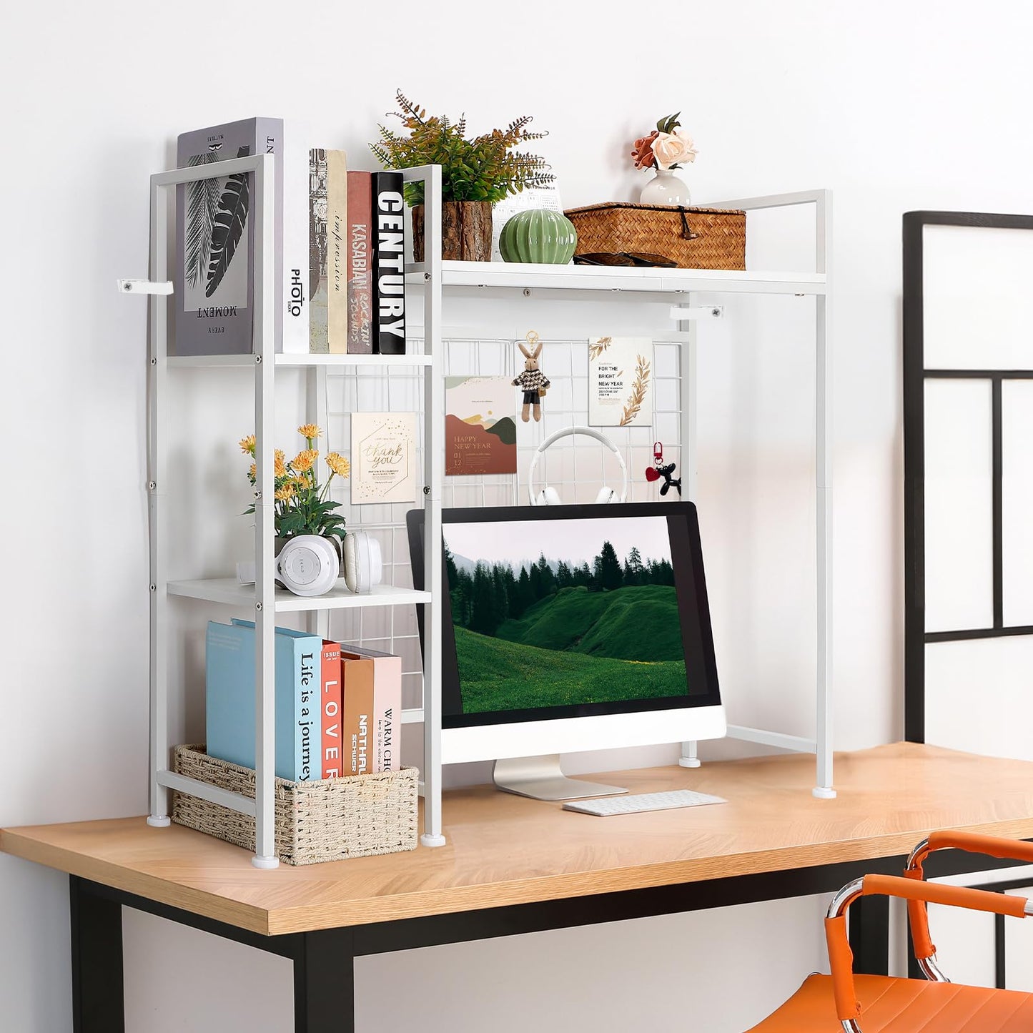 YBING Desk Shelf, 37.4" Desktop Organizer Shelf, Desk Hutch for Computer Monitor, Display Bookcase Rack with Grid Panel, Wood Desktop Bookshelf for Home Office, White