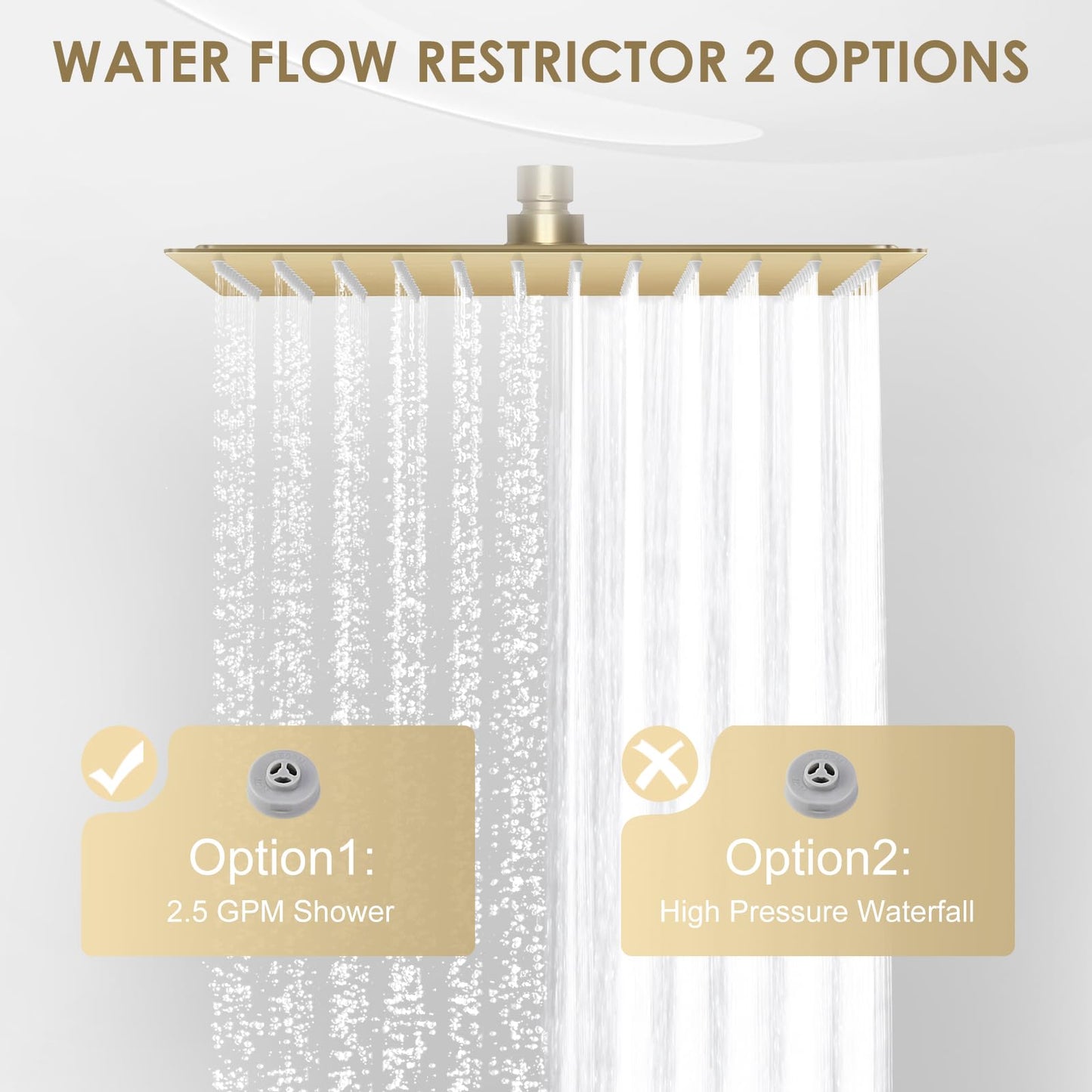 KINLIV 12 inch Brushed Gold Rain Shower Head - All Metal 304 Stainless Steel, Full Body Waterfall Shower with 144 Silicone Nozzles - Square Showerheads Ceiling or Wall Mount Modern Bathroom