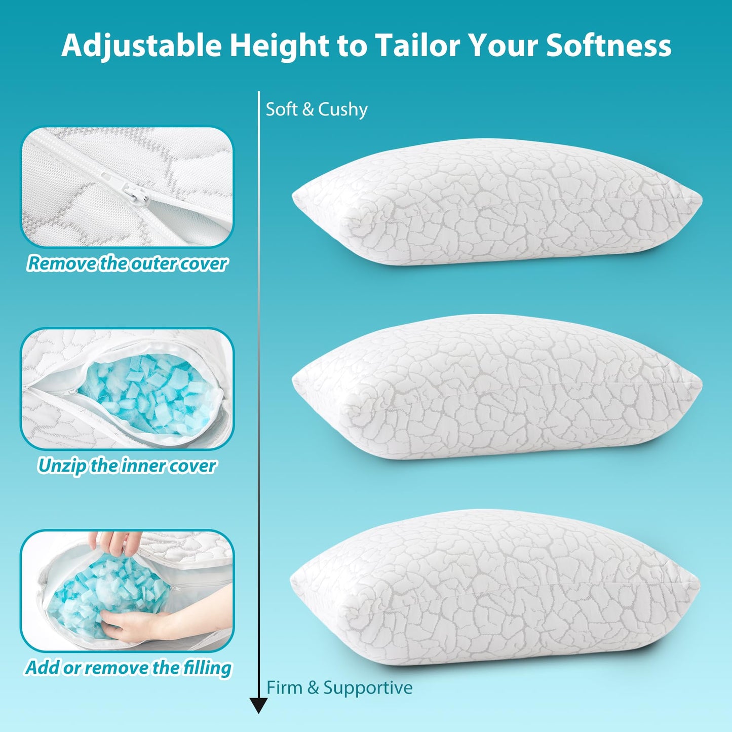 WGAKCED Cooling Pillows for Sleeping 2 Pack, King Size Adjustable Shredded Memory Foam Pillows, Firm Bed Pillows for Side, Back, Stomach, Hot Sleepers, Cold Pillow with Removable Washable Cover