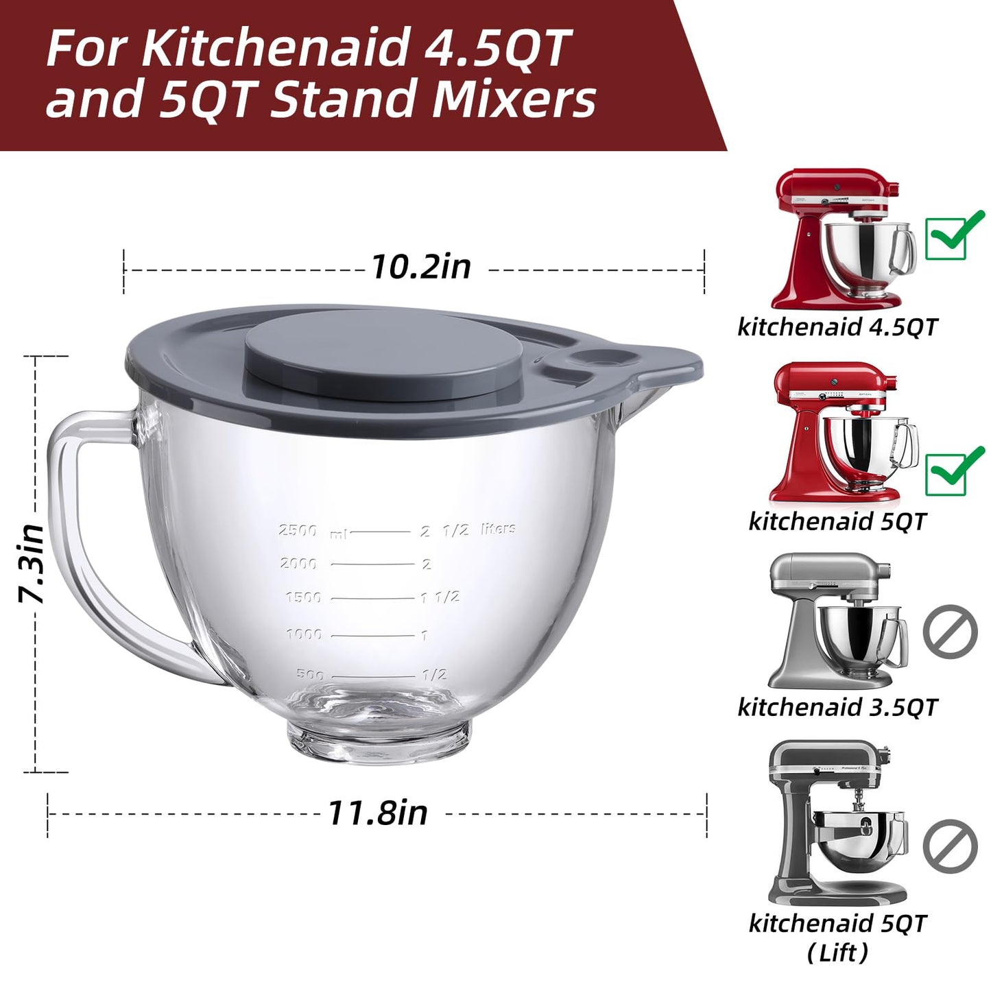 Gdrtwwh Glass Bowl for KitchenAid 4.5-5 Quart Tilt-Head Stand Mixer,Replacement with KitchenAid Artisan Mixer Glass Bowl