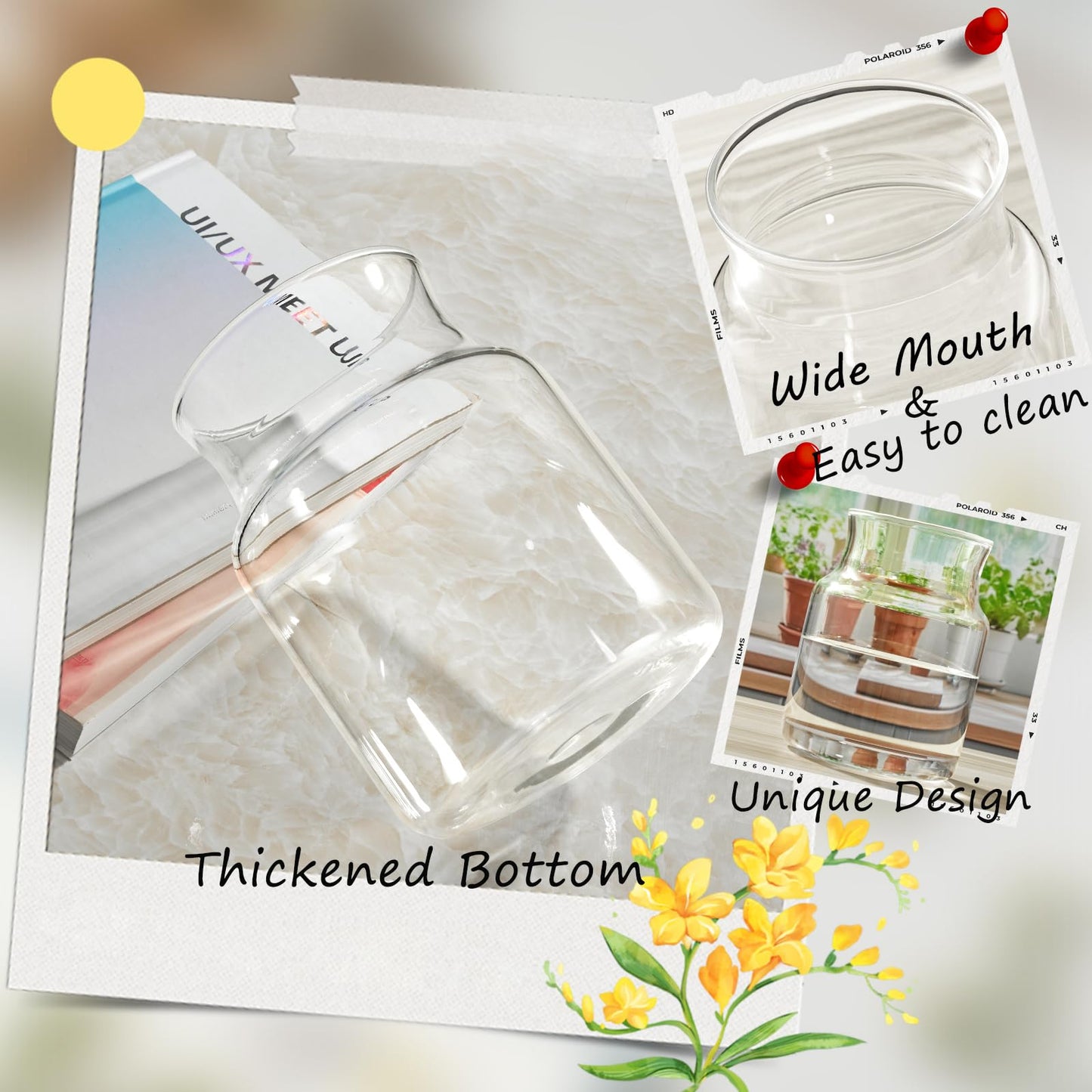 BWODYAY Clear Glass Vase, Large Flower Vase, 8-inch Glass Flower Vase for Plants, Wide Mouth Vase for Home, Wedding, Living Room, Dining Table