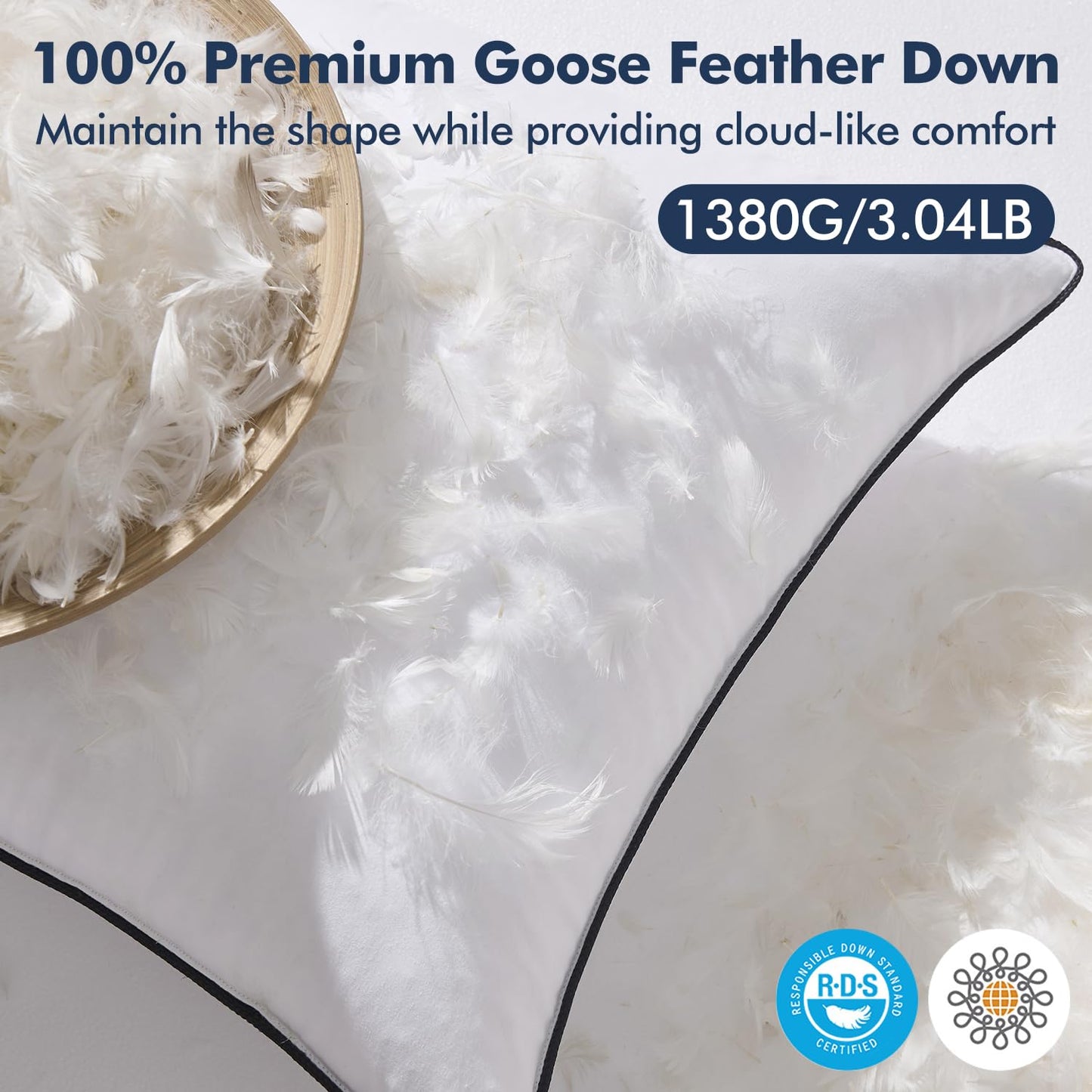 MIULEE Goose Feather Down 22x22 Pillow Insert Set of 2 with 100% Down-Proof Cotton Cover, Soft Fluffy Decorative Pillow for Sofa Bed Couch Living Room White