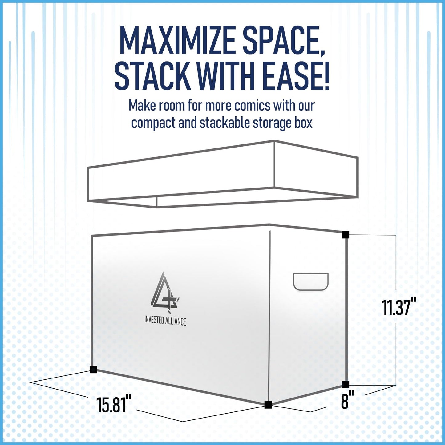Invested Alliance Premium Short Comic Book Storage Box Organizer with Lid | Thick Cardboard Comic Storage Box For Collectibles Fits 150-175 Current/Silver Age, Heavy Duty & Stackable.