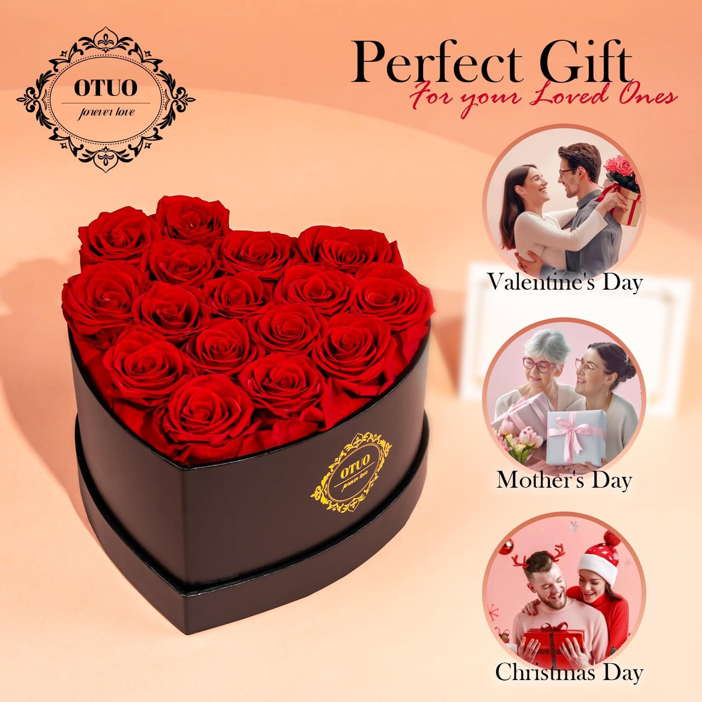 Otuo 16 Preserved Roses in Heart-Shaped Box, Flowers for Delivery Prime Last up 2 Years, Real Forever Flowers for Wife, Girlfriend, Mother, Eternal Roses for Anniversary - Red