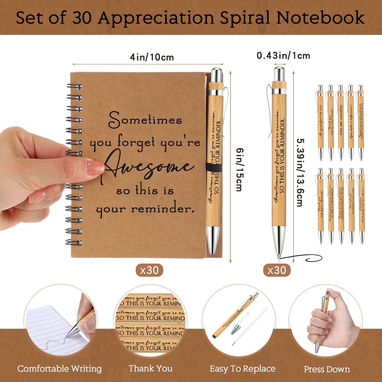 Honoson 30 Sets 2026 Graduation Gifts Bulk CNA Week Spiral Notebooks Teacher Appreciation Gift Inspirational Journal Retractable Pens Encouragement Notepad Thank You Gifts for Staff Employee Coworker