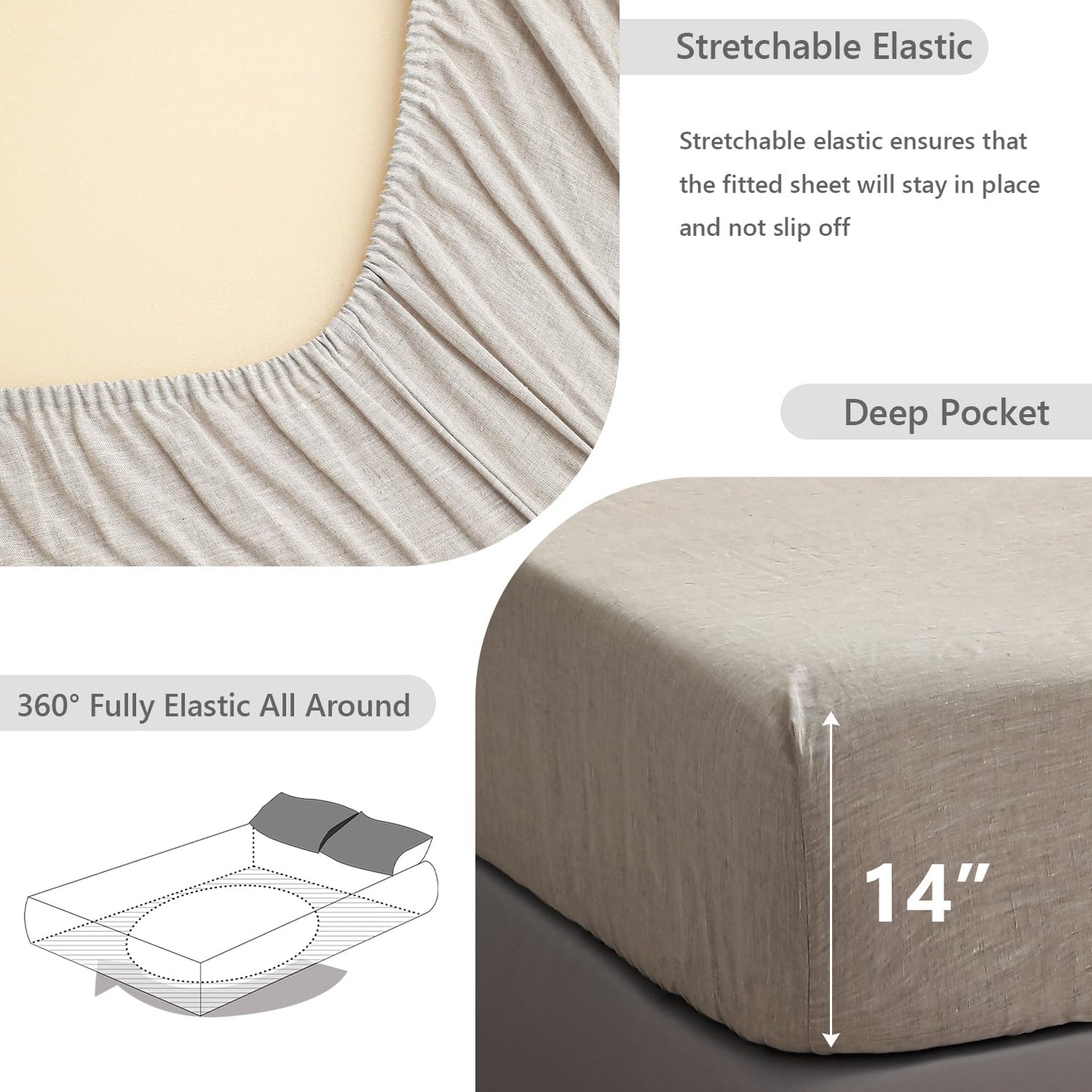 Simple&Opulence 100% Linen Fitted Sheet Twin(1 Piece), 14 Inch Deep Pocket Mattress Cover Natural French Flax Stone Washed Farmhouse Soft Breathable Bottom Sheets-Linen