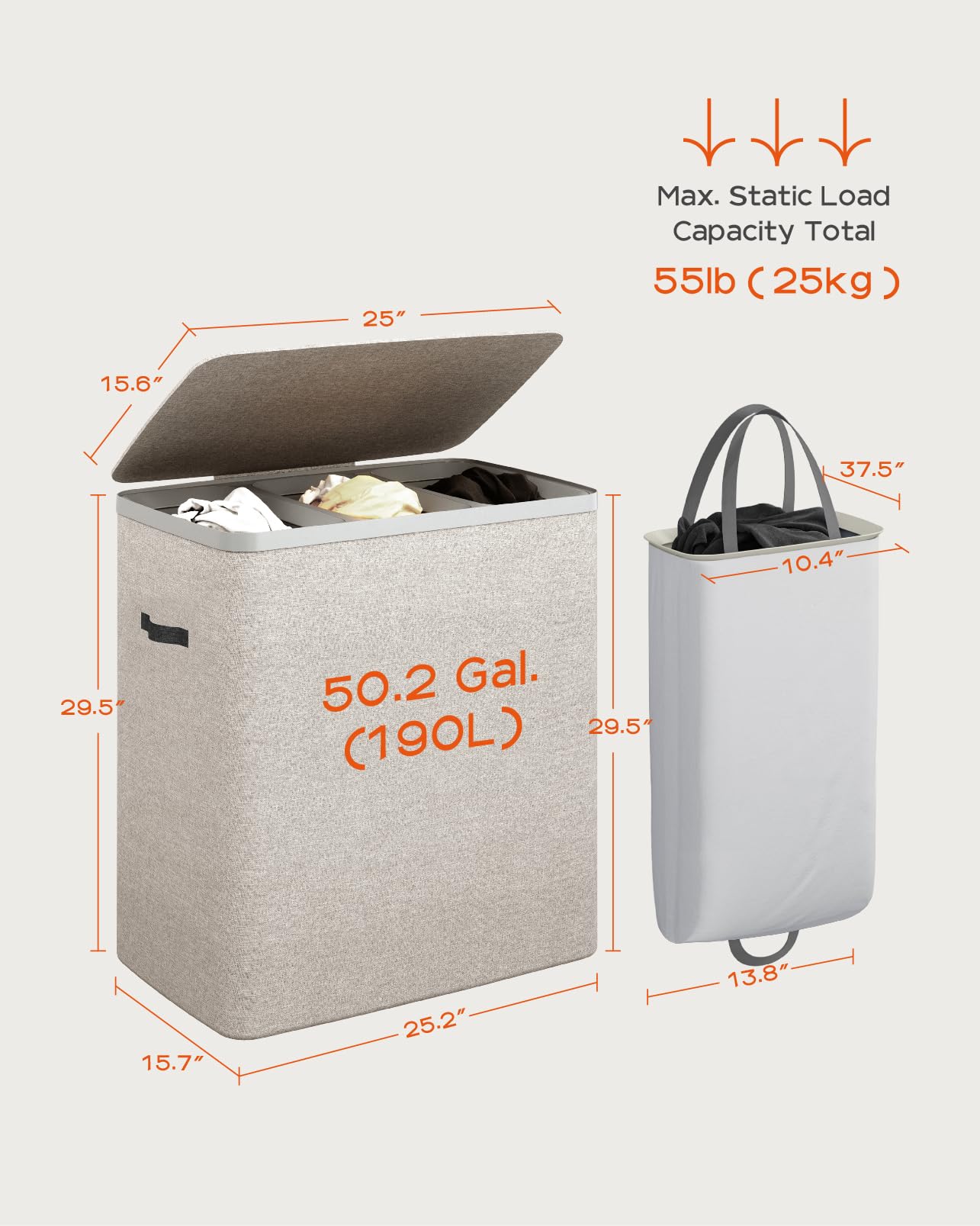 CASAMAYA Laundry Basket with Lid, Laundry Hamper 3 Section, 190L collapsible Laundry Organizer, Easy Assembly, with Handles and Removable Liners, 25.2 x 15.7 x 29.5 Inches, Beige JSP904M