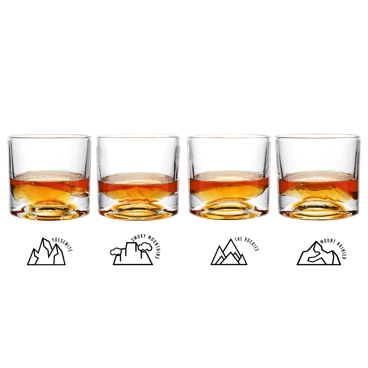 LIITON Fathers Day Whiskey Glasses for Dad, American Peaks Set of 4, Thick Heavy Crystal 3D Mountain Bourbon & Cocktail Glasses, Chills 18 Seconds Without Ice, 10 oz