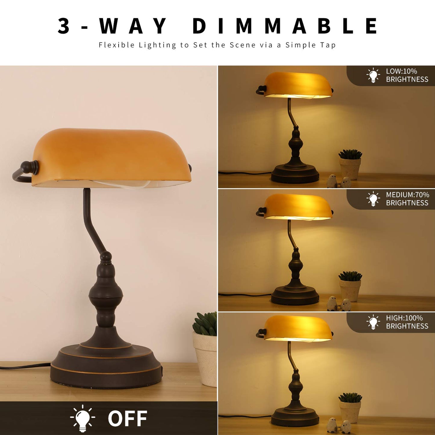 Liylan Banker Desk Lamp Touch Control, Vintage Banker's Desk Lamp with USB-A Port, 3 Way Dimmable Desk Lamps, Farmhouse Library Lamp Oil Rubbed Bronze for Office, Study Room