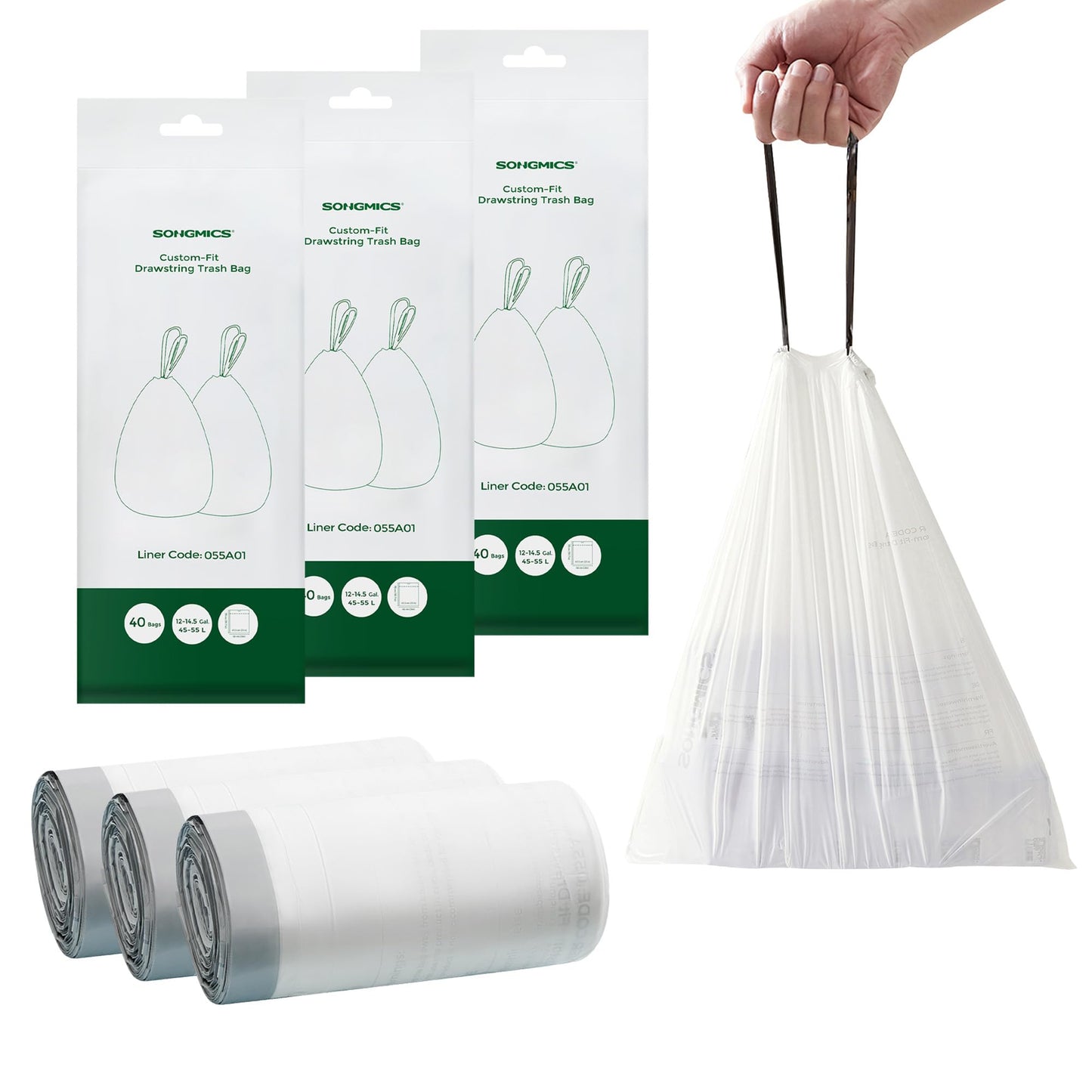 SONGMICS Trash Bags, Drawstring Kitchen Garbage Bags, Pre-Separated, Box-Free Pack, for 12-14.5 Gallon (45-55 L) Trash Cans, Liner Code 055A01, 3 Rolls, 120 Count, White UKRB055A03V1