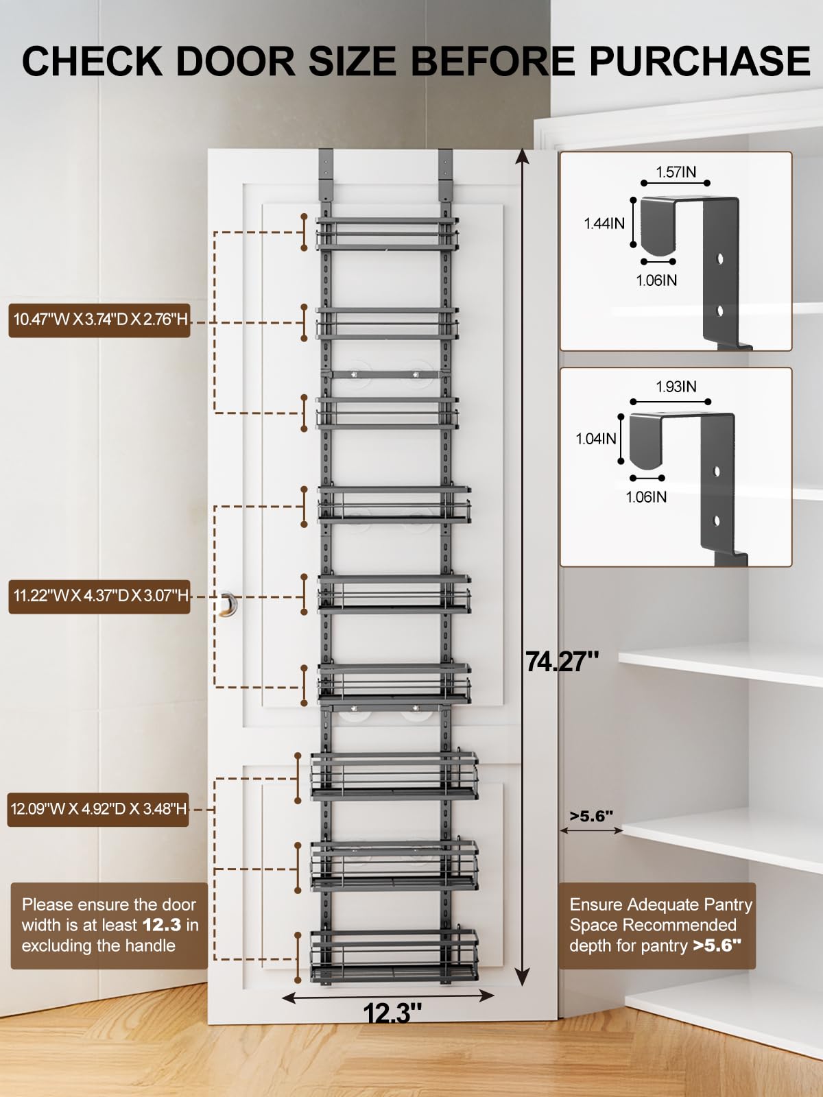 Delamu 9-Tier Over the Door Pantry Organizer, Adjustable Pantry Door Organizers and Storage, Metal Hanging Basket Wall Spice Rack Seasoning Organizer, Door Organizer Kitchen Bedroom Bathroom,12"Black