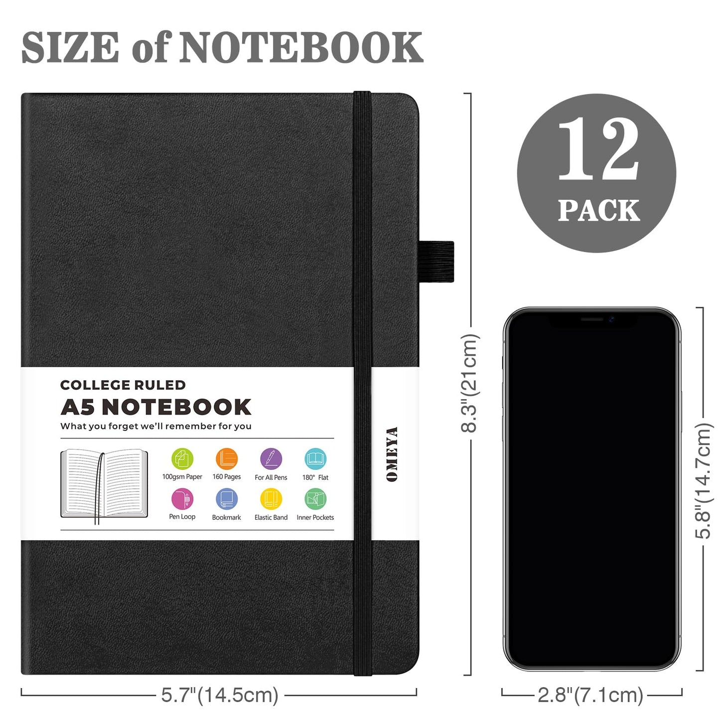 12 Pack Journal Notebooks for Work with 12 Pens, A5 Hardcover Notebook，Business Notebooks Bulk, College Ruled Notebook for Men, Leather Journal for Writing, 160 Pages, 100GSM Thick Paper (5.7" x 8.3")