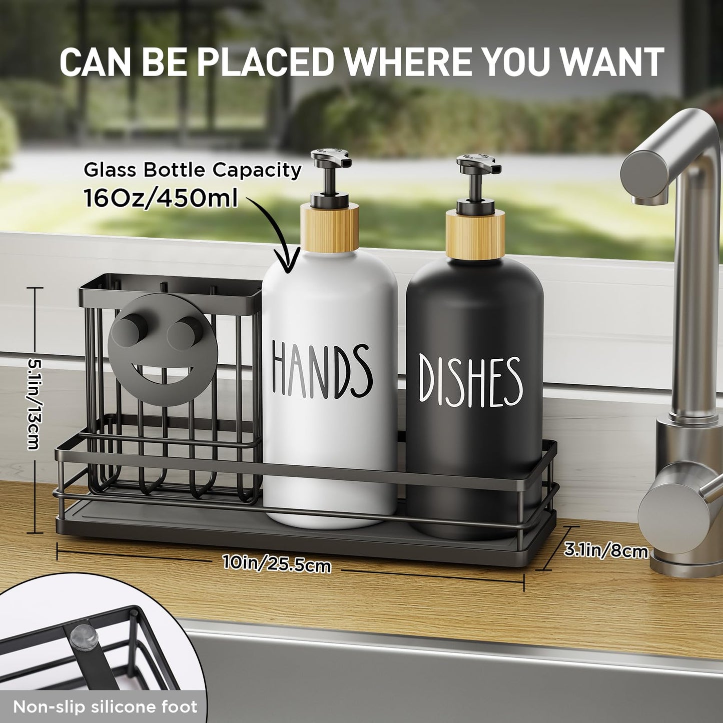 Moforoco Kitchen Dish Soap Dispenser Set, 16OZ Glass Bottle, Hand and Dish Soap Dispenser Set, Instant Dry Tray, Brush Holder with Smiley Face Sponge Holder (Black Tray+Black&White Bottle)