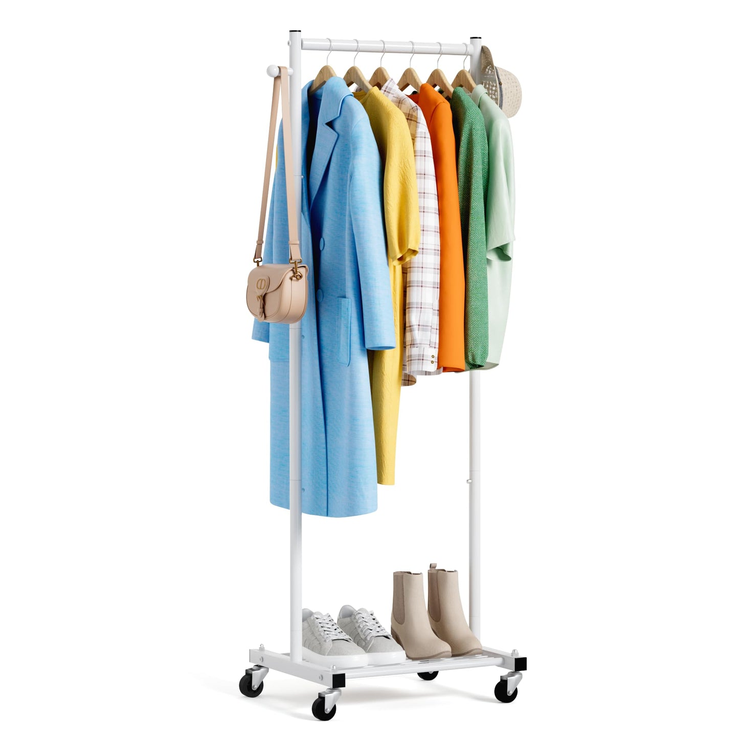 MISSLO Small Clothes Racks for Hanging Clothes Clothing Rack with Wheels 60" Garment Rack with Shelves Portable Rolling Wardrobe Rack for Small Space, White