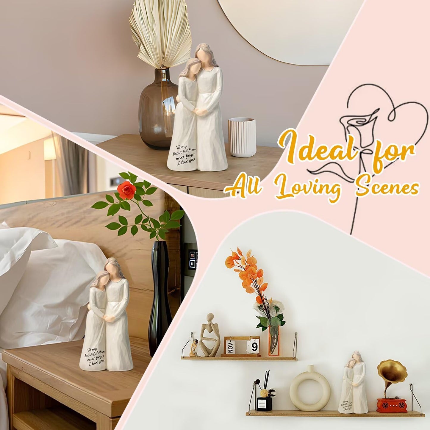 Jubilora Gifts for Mom from Daughter, Mother Daughter Figurine Gift for Mother's Day, Christmas, Thanksgiving, Mom Birthday Gifts for Home Tabletop Shelf Decor, White, Resin