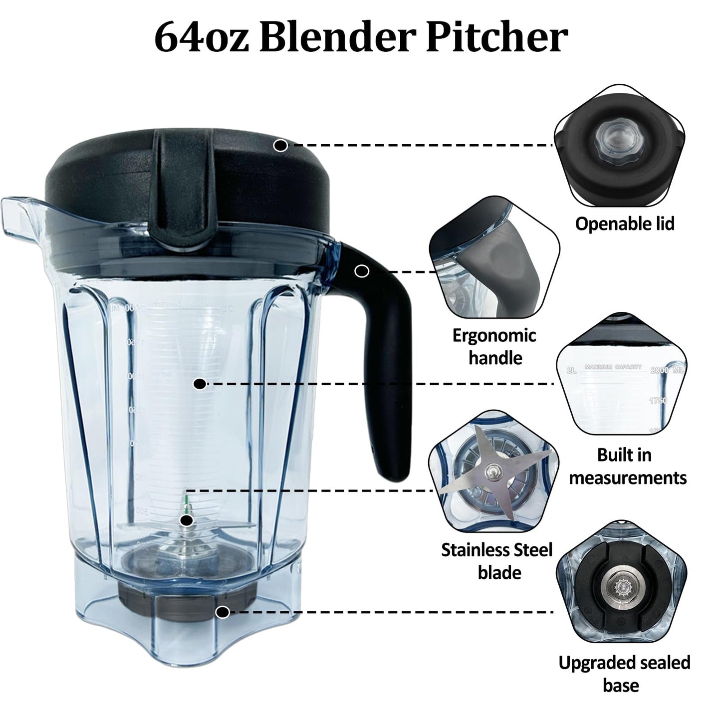 Blender Pitcher 64 oz Low-Profile Clear, Replacement Container for 5300, 6500,750,7500, 5200, 6000, 6300,VM0102, VM0103, VM0197, G/Propel/Professional Series etc., 2-year warranty