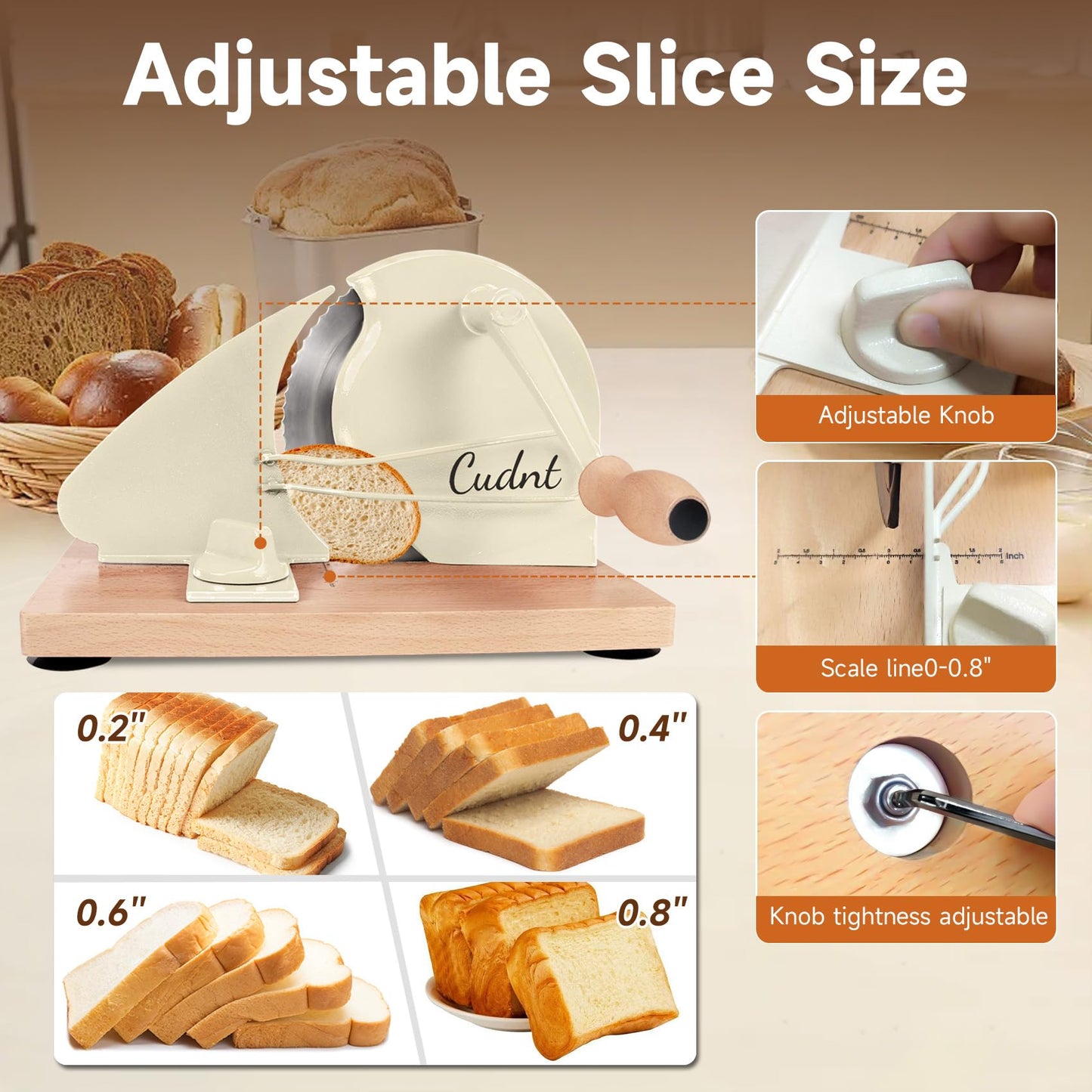 Manual Bread Slicer for Homemade Sourdough Bread, Add Metal Rails, Hand Crank Bread Slicer Machine with Scale Line and Suction Cup, Stainless Steel Blade Bread Cutter Adjustable Thickness