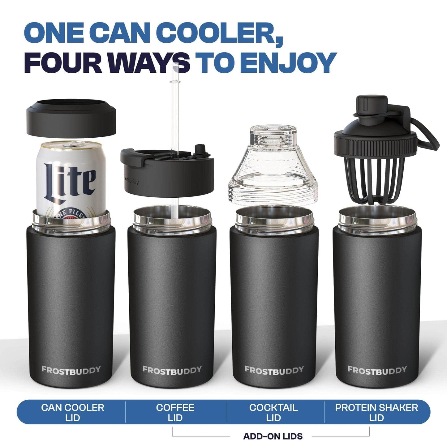 Frost Buddy Universal Can Cooler - Fits All - For Regular 12 & 16 oz or Slim-Size Bottles - Insulated Double-Walled Stainless Steel (MatteBlack)