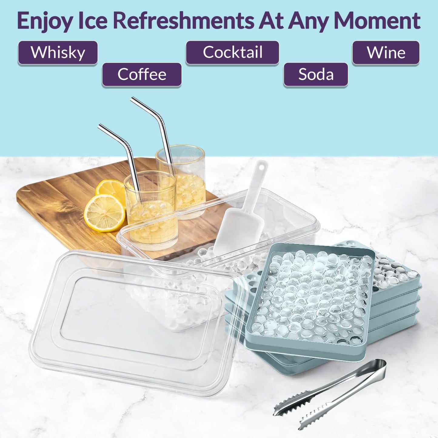 0.55in Mini Ice Cube Trays - Plastic Tiny Pebble Ice for Iced Coffee & Cocktails - Fast Chill, Easy Twist Release - Stackable with Lid, Storage Bin, Tongs, 2 Straws (4 pack, Blue)