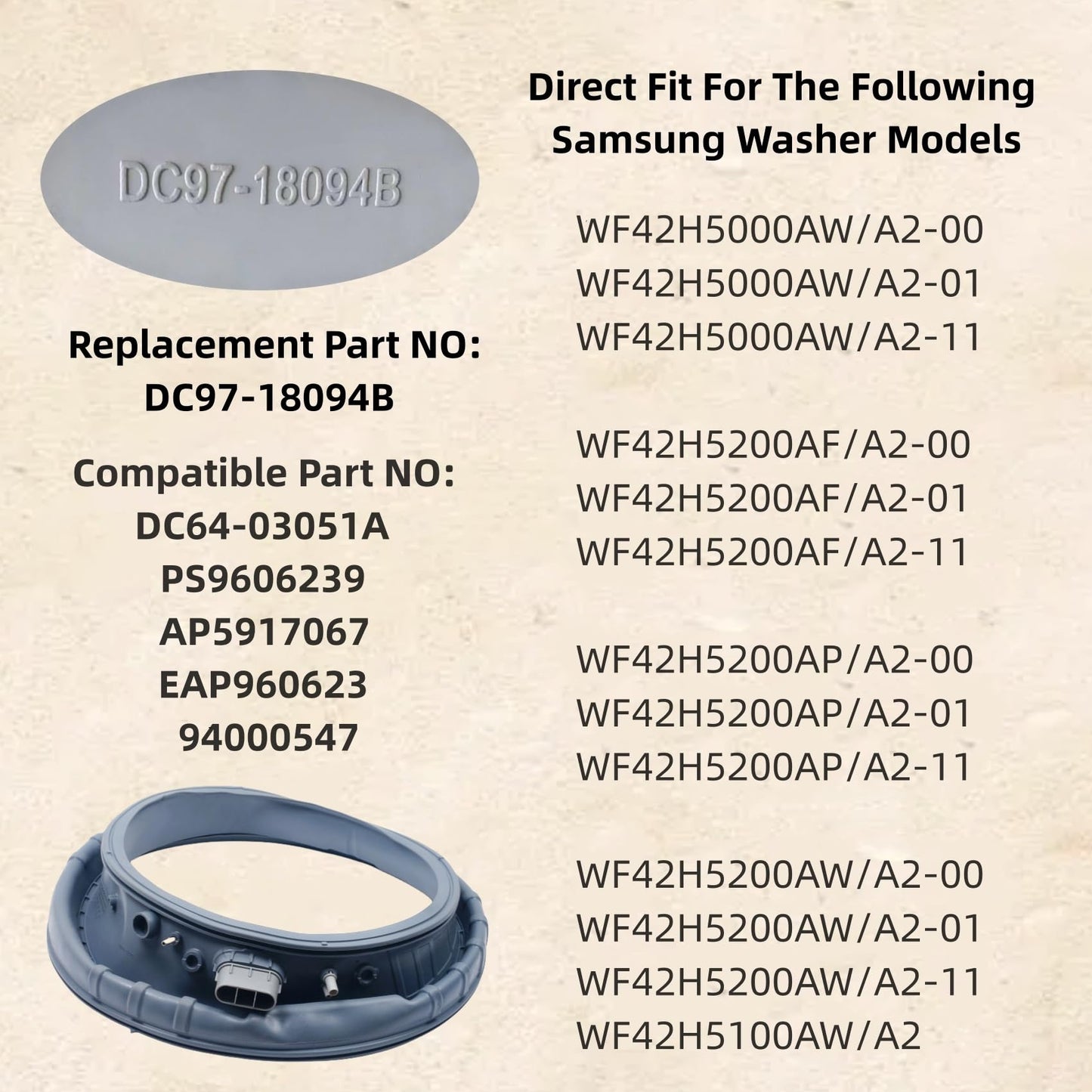 DC97-18094B Washer Door Boot Seal Gasket Diaphragm Compatible with Samsung DC64-03051A AP5917067 PS9606239 4000547 EAP9606239 WF42H5200AW/A2 WF42H5200AF/A2 with Spring Expansion Tool
