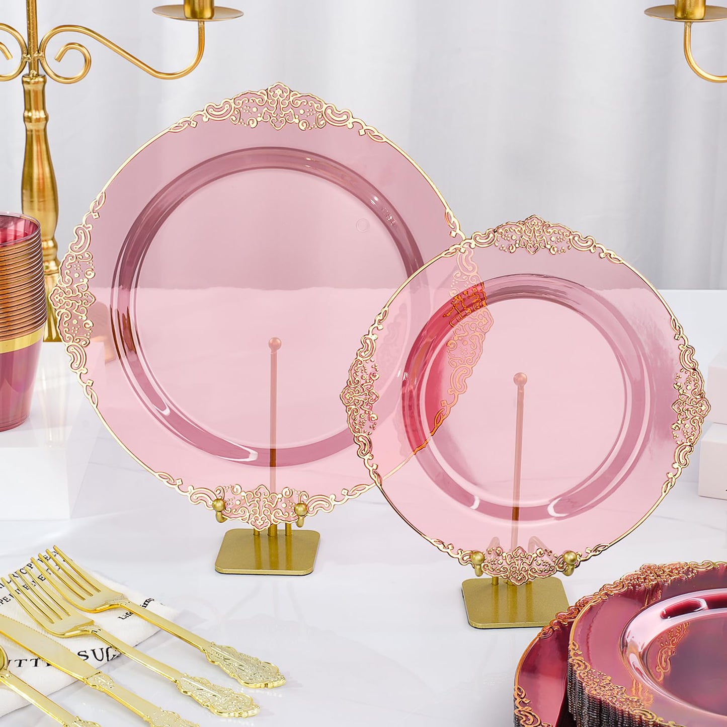 Bestluck 350 PCS Burgundy and Gold Plastic Plates, Disposable Dinnerware Set for 50 Guests, 100 Disposable Plates, 150 Silverwares, 50 Cups, 50 Napkins for Wedding, Party, Graduation