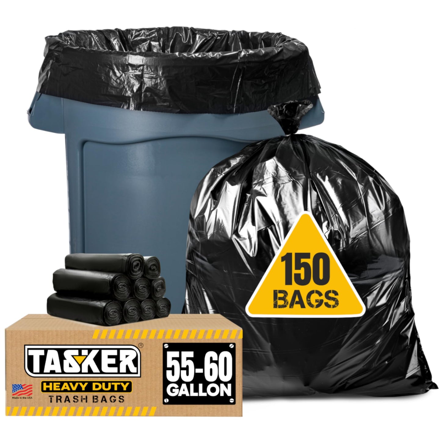 Tasker 55-60 Gallon Trash Bags Heavy Duty | Mega ValuePack 150 Bags | Large Black Garbage Bags | for Office, Commercial, Outdoor, Lawn, and Leaf