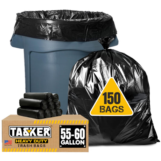 Tasker 55-60 Gallon Trash Bags Heavy Duty | Mega ValuePack 150 Bags | Large Black Garbage Bags | for Office, Commercial, Outdoor, Lawn, and Leaf