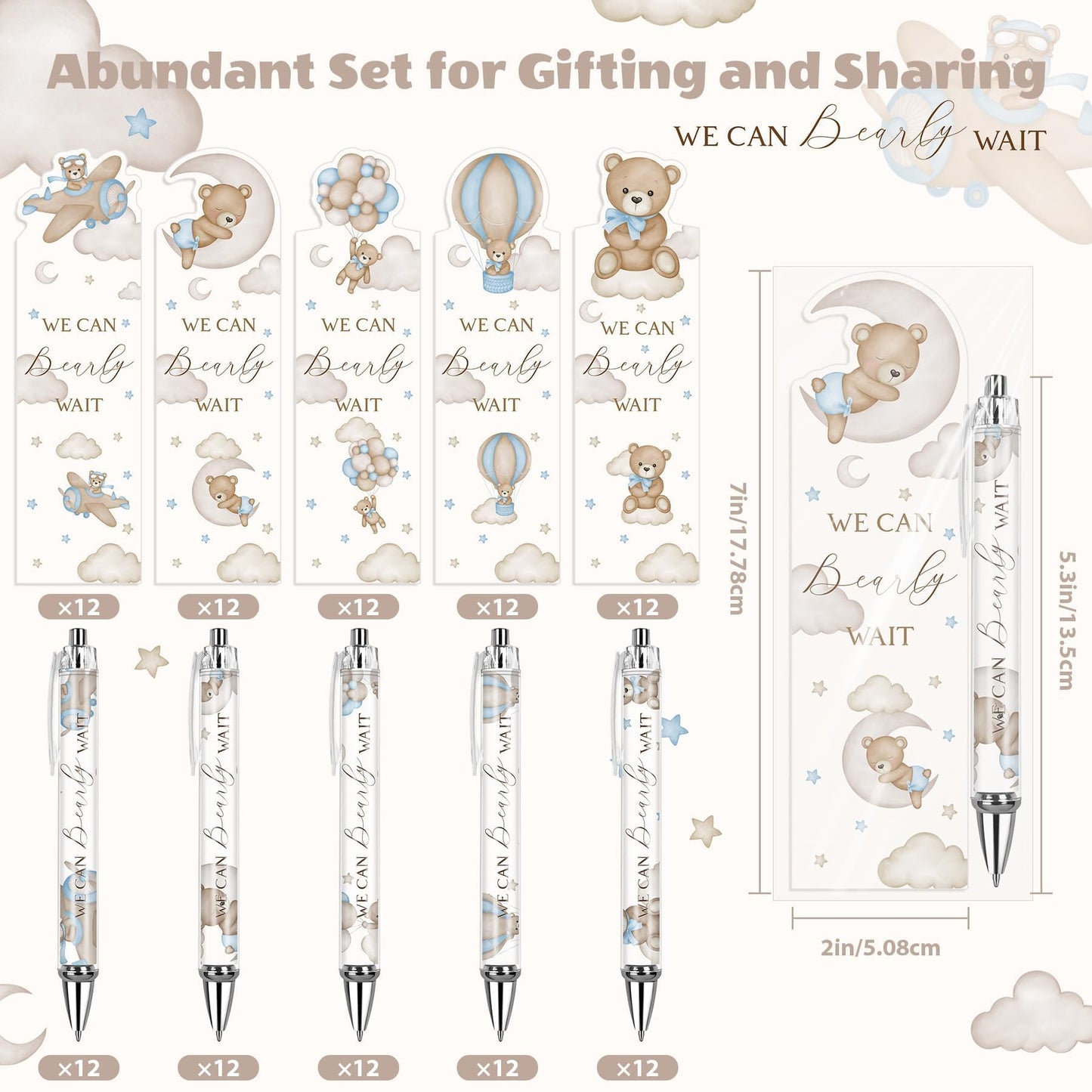 Stuffygreenus 60 Sets Baby Shower Gifts Pens in Bulk for Guests Blue Bear Party Favors Retractable Ballpoint Pen with Bookmarks Black Ink Gender Reveal Souvenirs Prizes Gifts Supplies