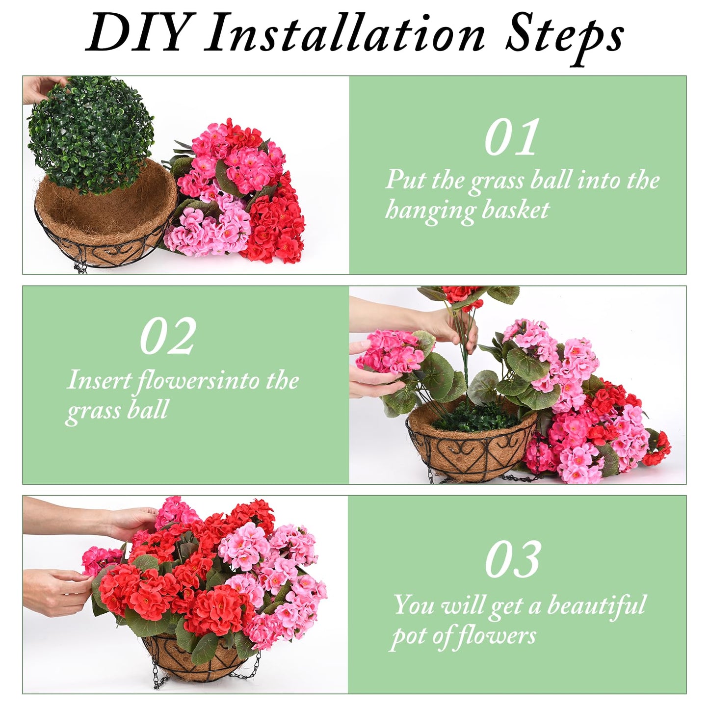 Waipfaru 2 Set Artificial Geraniums for Outdoors with Hanging Baskets, 12 Bundles UV Resistant Artificial Outdoor Plants, Fake Flowers for Spring Front Porch Home Patio Balcony Yard Decor, Mixing