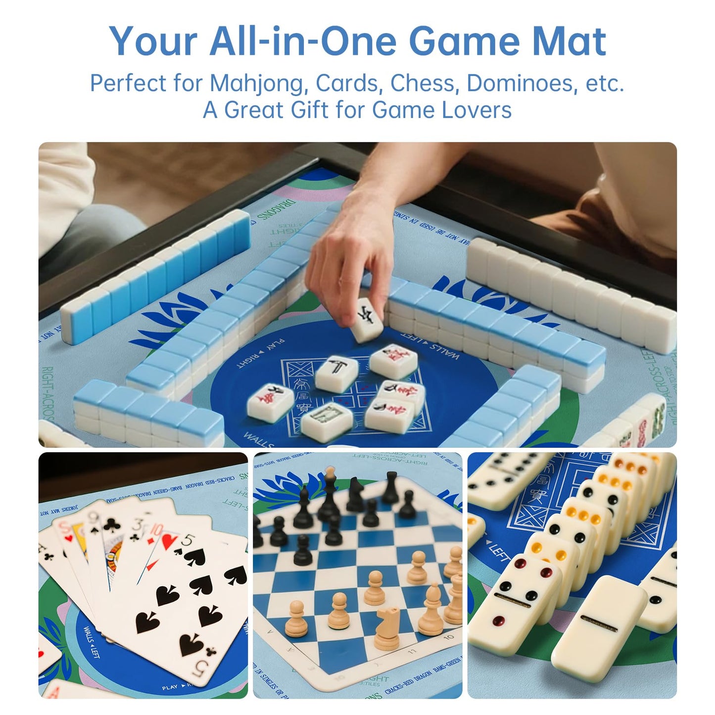 Mahjong Mat with Tech Velvet, Machine Washable, Noise Reduction,Anti Slip, and Crease-Free, Soft Touch, Game Rule, with Carrying Bag: 32.4 Inch Game Mat for Poker, Board, Tile, and Dominoes (L-Blue)