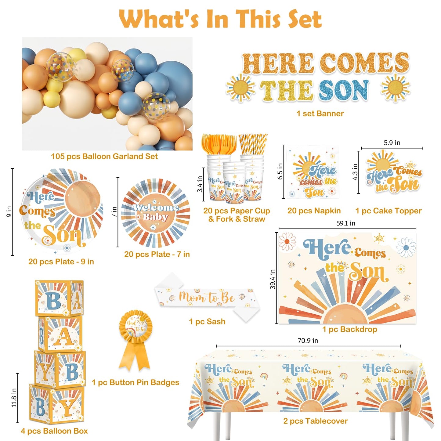 Here Comes The Son Baby Shower Decor, Retro Sun and Sunshine Themed Baby Shower Decorations Boy Boho Retro Baby Boy Shower Decor Oh Boy Shower Party Supplies