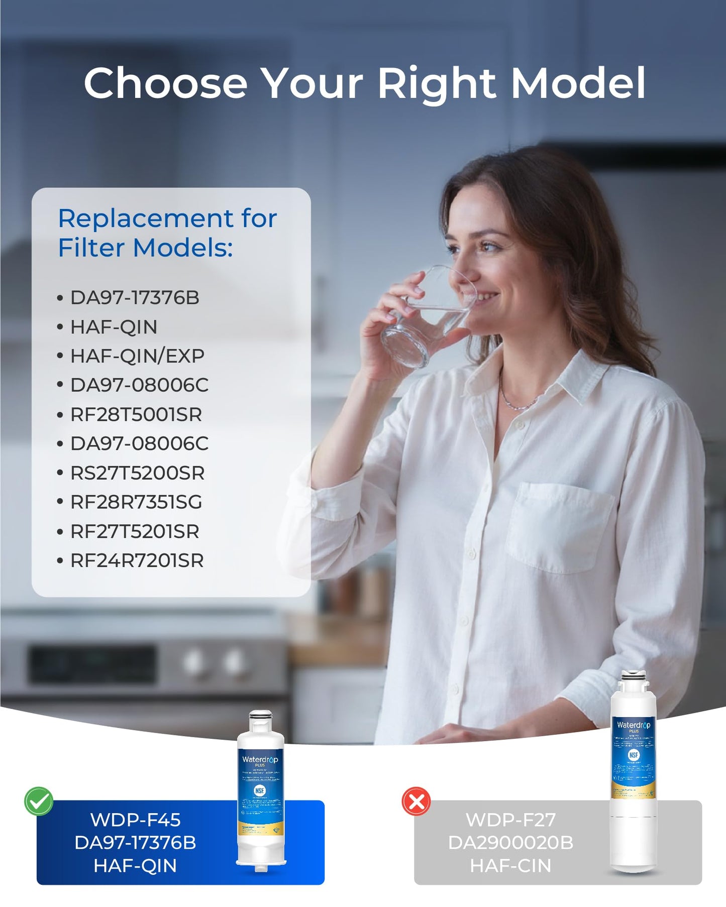 Waterdrop Plus WDP-F45 Refrigerator Water Filter, Replacement for Samsung® DA97-17376B, HAF-QIN/EXP, DA97-08006C, NSF/ANSI 401&53&42&372 Certified, 3 Filters (Packaging May Vary)