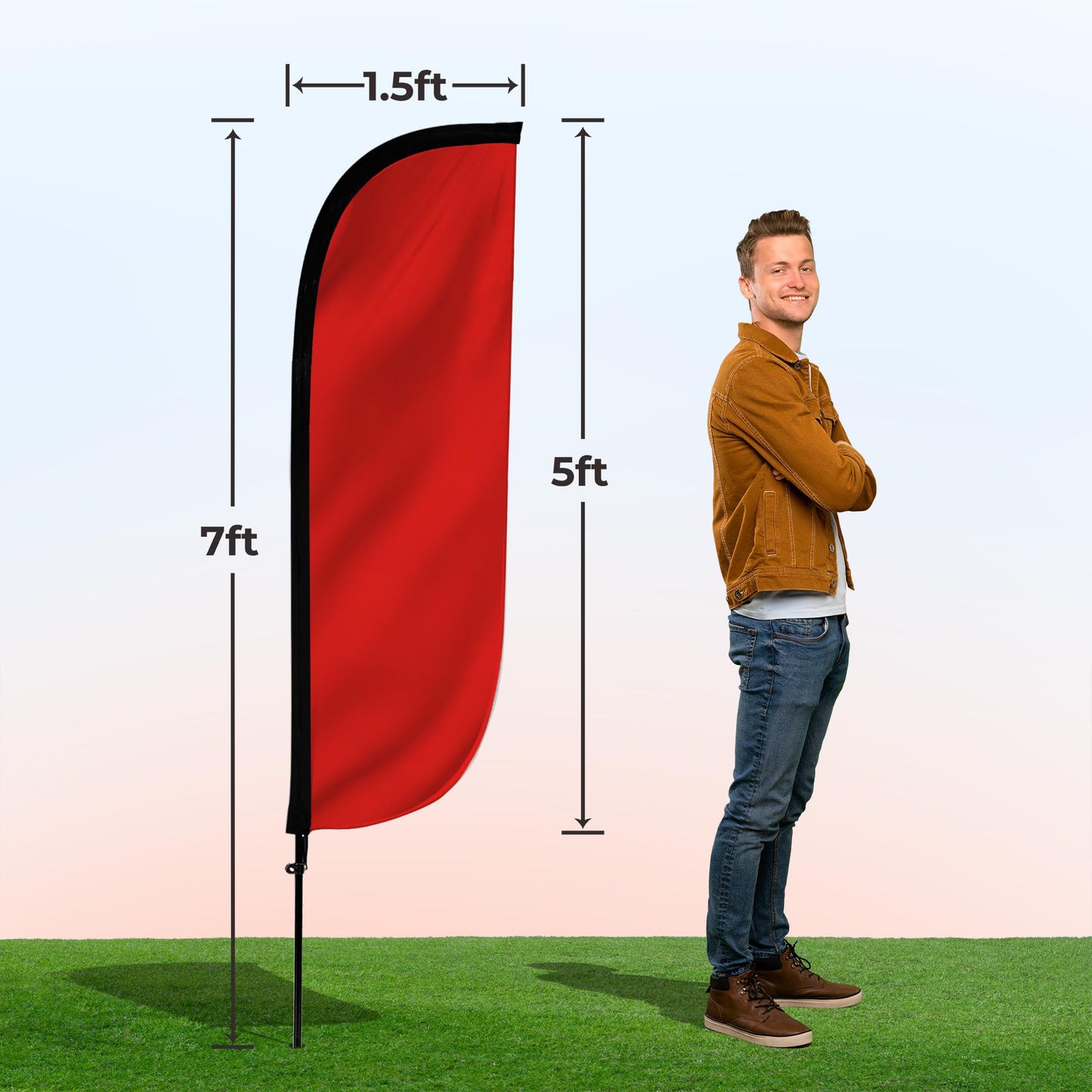 LookOurWay Feather Flag Pole Kit - 7 Feet Tall Advertising Flag Banner with Fiberglass Pole Set and Ground Spike for Business Promotion - Solid Colors - Red
