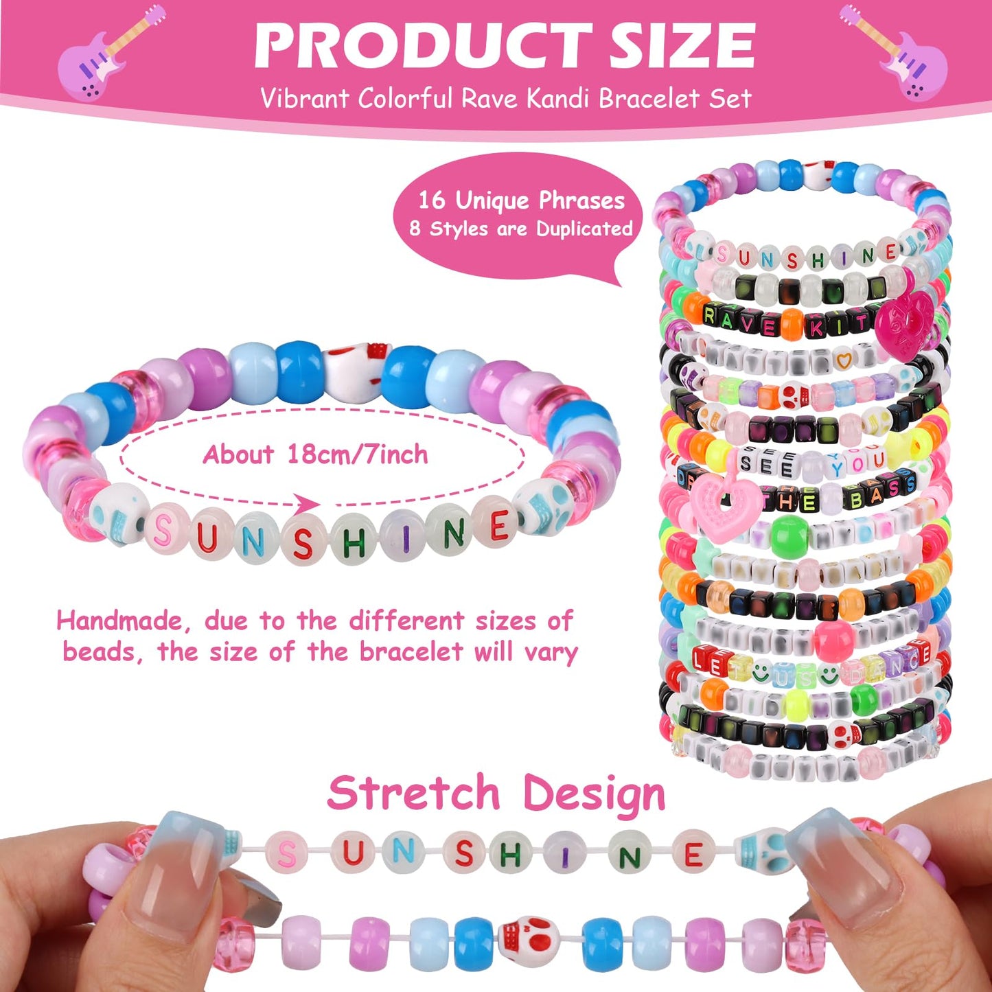 SMAODSGN 32Pcs Music Party Bracelets Set Glow In The Dark EDM Music Stretch Bracelets Multi Color Beaded Cuff Music Party Favor for Women Men Friends EDM Festival