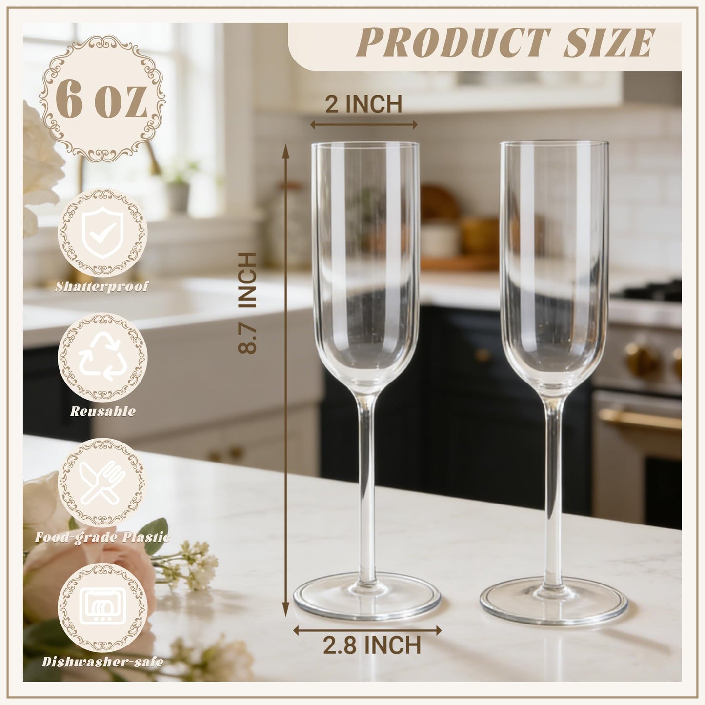 LEYIQU Plastic Champagne Flutes Set, 6oz Unbreakable Champagne Glasses Bulk, Shatterproof Reusable Mimosa Prosecco Sparkling Wine Cups for Wedding Party (Clear, 24pcs)