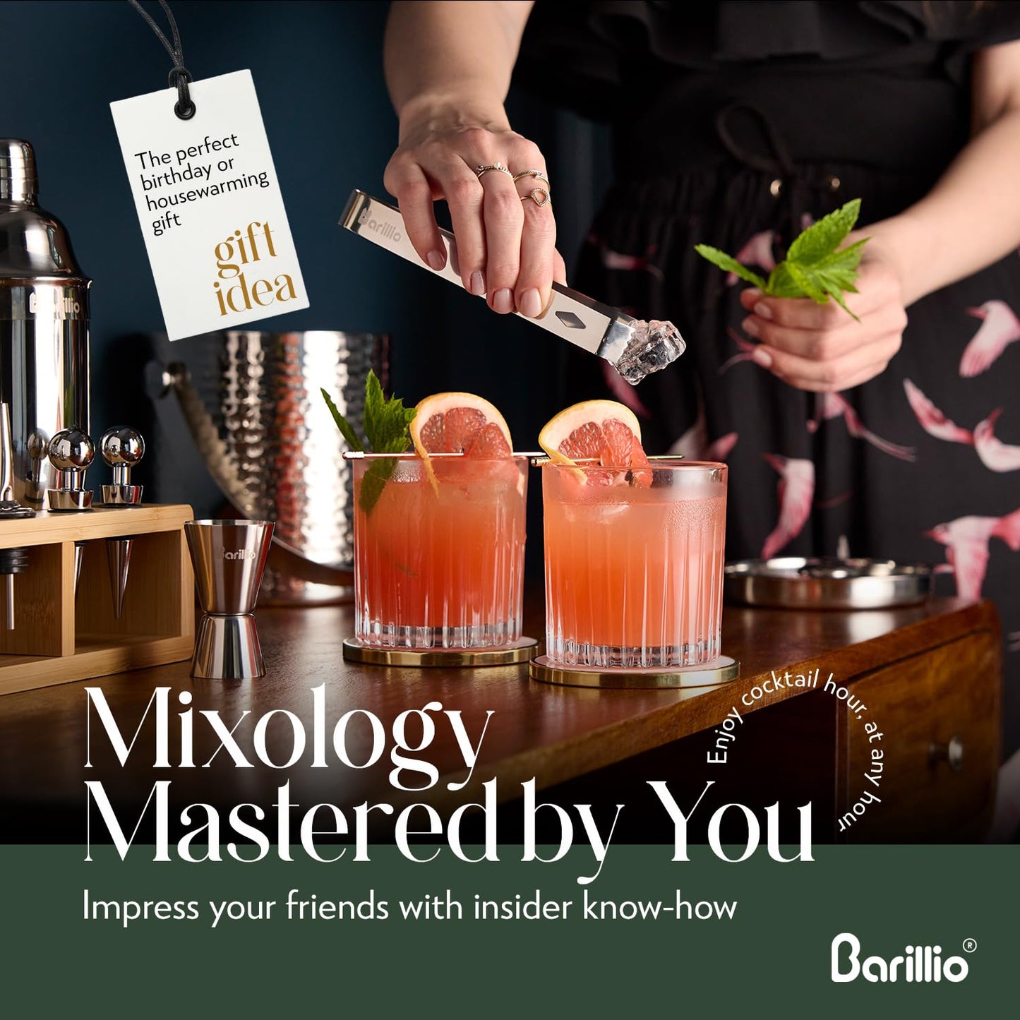 Barillio Bartender Kit - Stainless-Steel Cocktail Shaker Set w/Bamboo Stand - Mixology Bar Tools w/Drink Shaker, Mixer Spoon & Muddler for Cocktails - Home Bar Accessories - 23-Pc Bar Set - Silver
