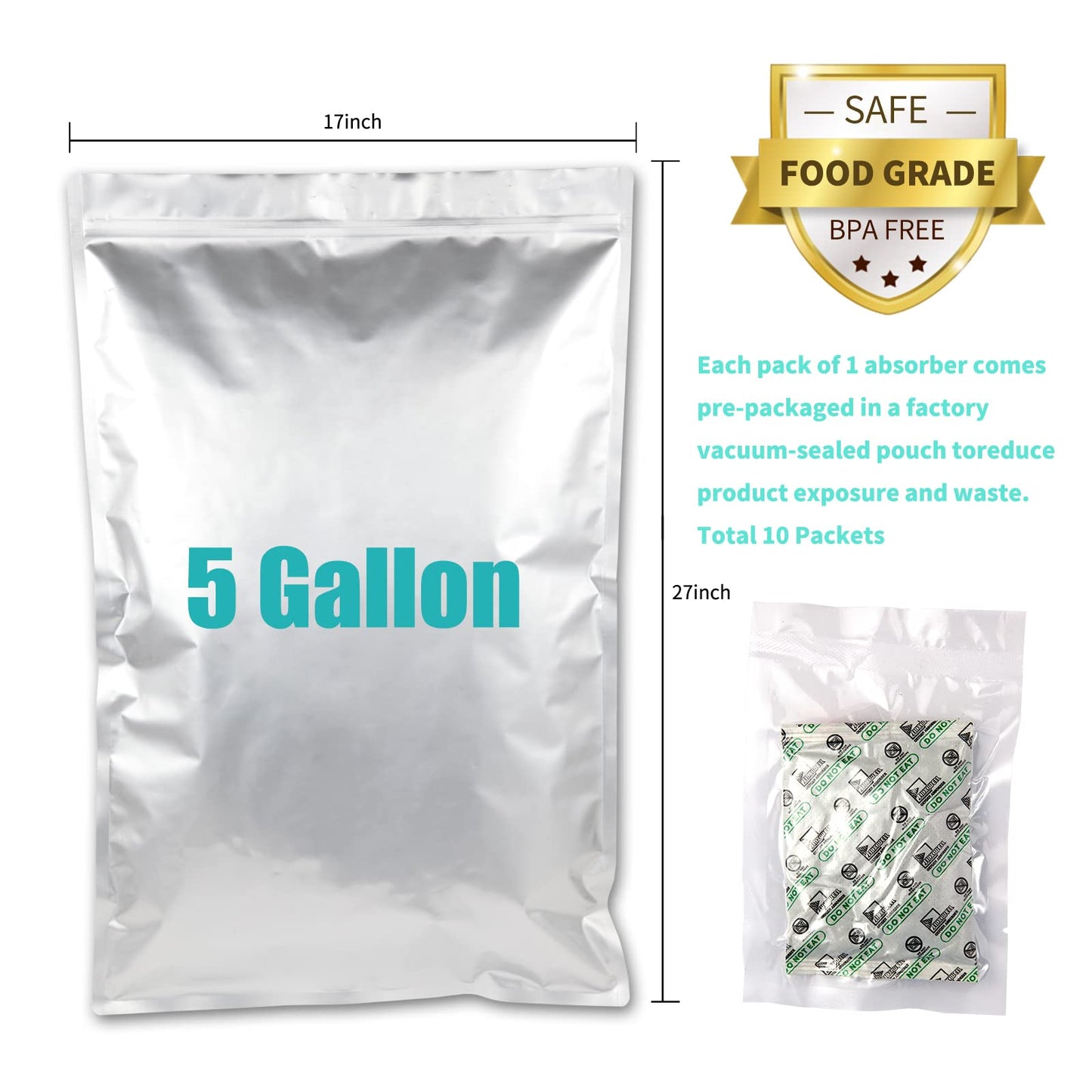 10PCS 5 Gallon Mylar Bags with 2500CC Oxygen Absorbers and Labels, Zipper Resealable Pouches Heat Sealable Bags for Long Term Food Storage