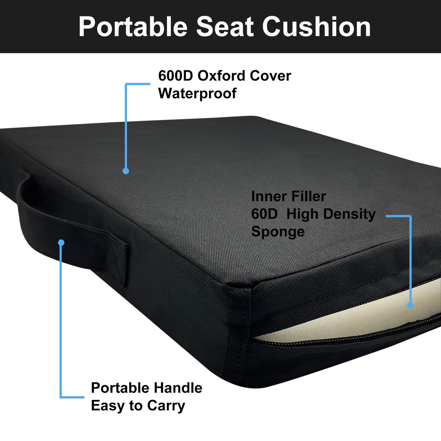 UCOMFEEL Stadium Seat Cushions, Portable Bleacher Cushions with Handle, Waterproof Oxford Fabric, Zipper Design (Black - 3 Pack)