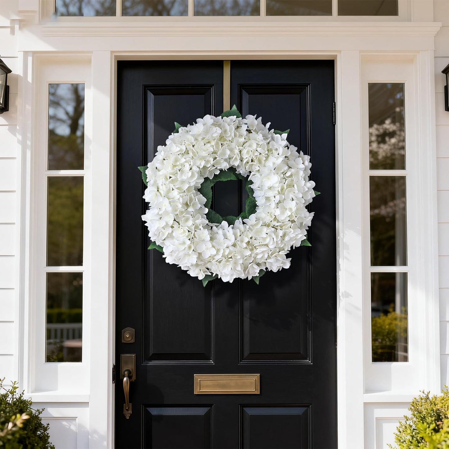 Artificial Hydrangea Wreath for Front Door, 21" Spring Summer White Flower Wreath, Faux Hydrangeas Leaves for Home Mantel Wall Farmhouse Decor