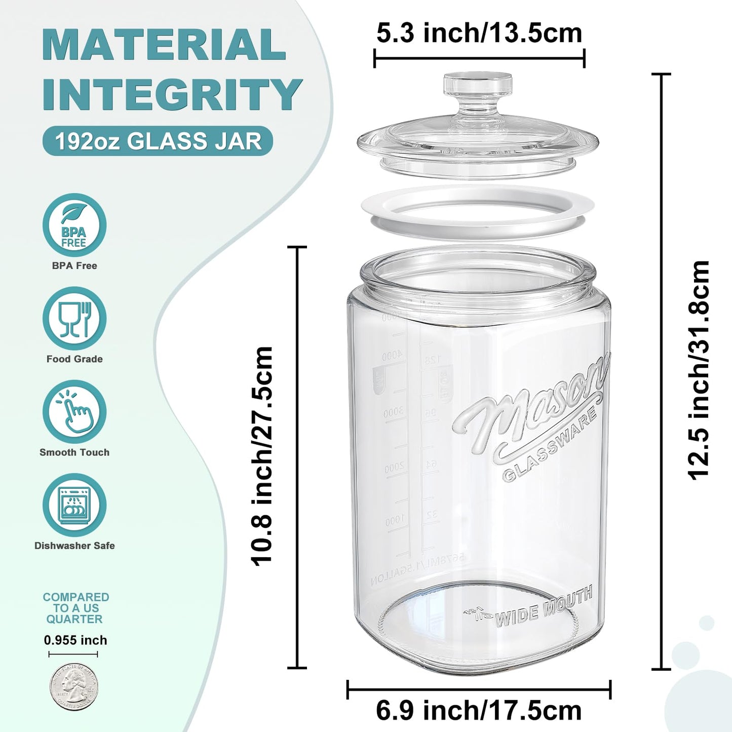 1.5 Gallon Cookie Jar with Lid Airtight, Large Glass Flour Sugar Container for Candy, Coffee, Dog Treat, Wide Mouth Mason Jar with Scale Marking, 1 Pack Apothecary Jar for Flour, Sugar, Rice, Cookie